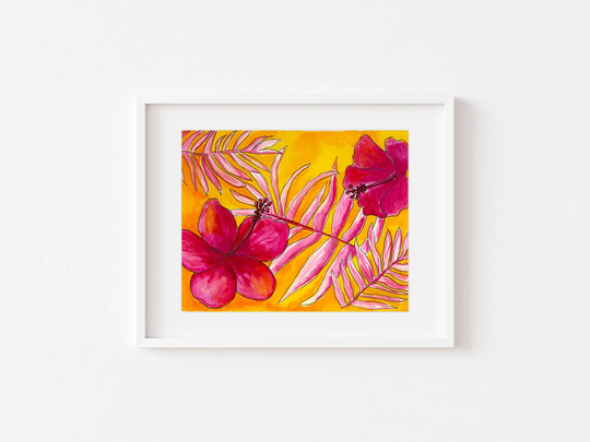 Hibiscus Glow, Art Print, Watercolor, Hawaii Art, Hibiscus, Flowers, Tropical, Plant, Watercolor Painting, Orange, Yellow, Pink, Pretty