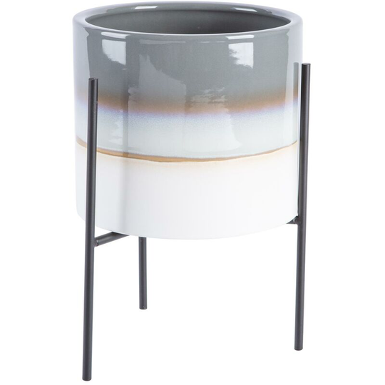 Reactive Glaze Plant Pot on Stand - 19cm - Grey/Black - Nicola Spring