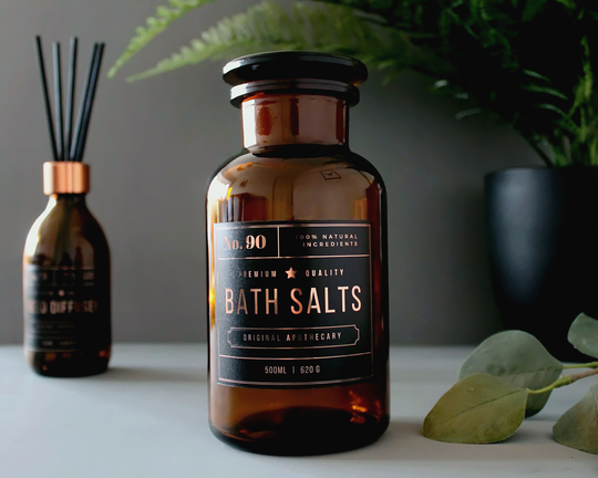 Amber Glass Apothecary Bath Salts Jar 500Ml | 16Oz With Copper Rose Gold Vintage Style Label Urban Industrial New York