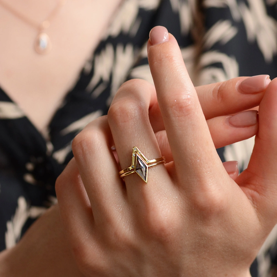 Salt & Pepper Geometric Engagement Ring Set 14K Yellow Gold Kite Diamond By Mialis Jewelry