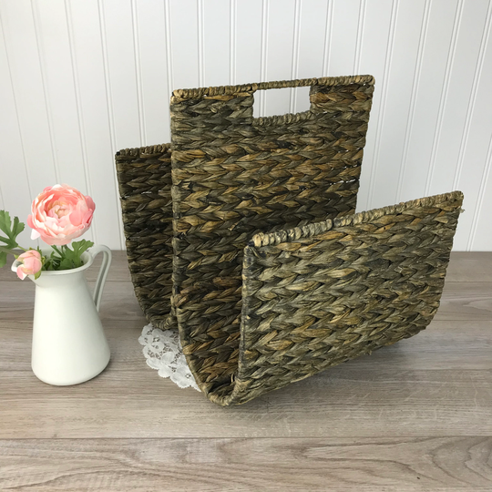 Vintage Wicker Magazine Rack, Natural Hyacinth, Metal Frame, Dark Shade, 2 Pockets, Retro Boho Chic Decor, Home Or Office Organization