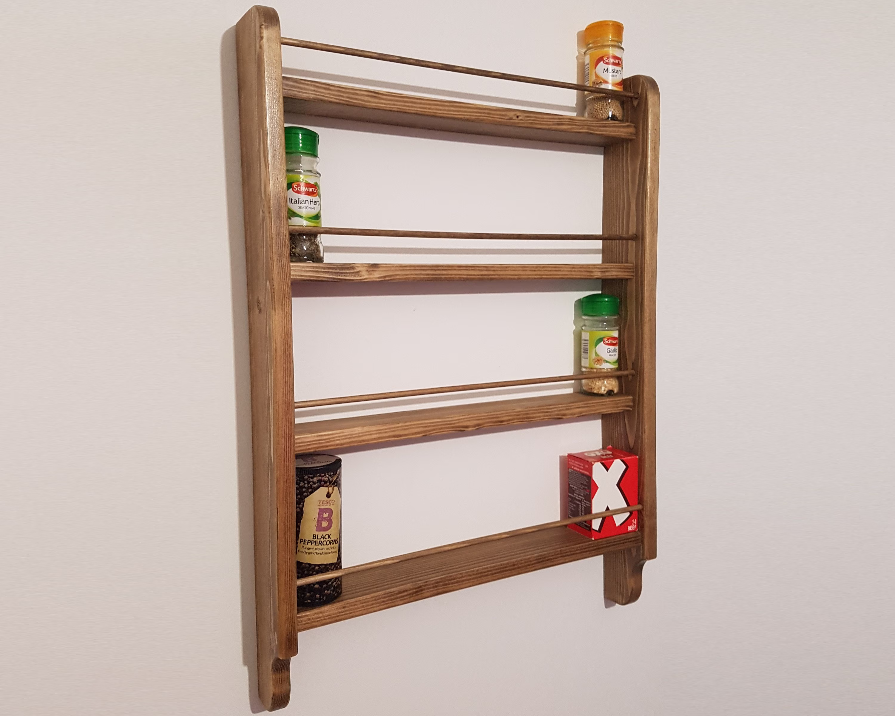 Spice Rack Rustic 4 Shelf Wall Mountable Kitchen Storage Cup Mug Utensil Hooks
