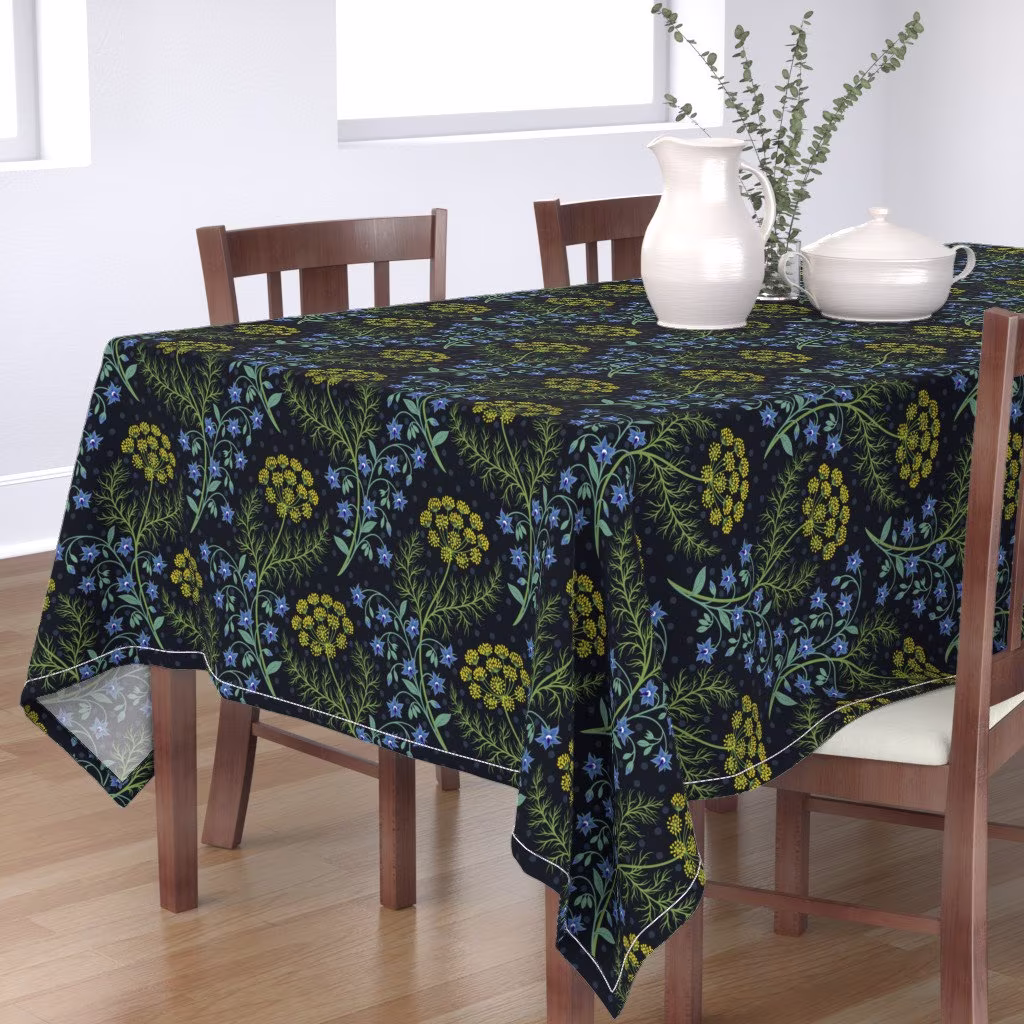 Dark Botanical Tablecloth - Dill & Starflowers By Ekpdesign Herb Garden Yellow Blue Summer Cotton Sateen Spoonflower