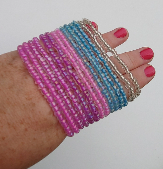 Clear Seed Bead With Coloured Core Stretch Bracelet 2mm, Simple Fun Summer Beach Beaded Pink Purple Champagne Plum