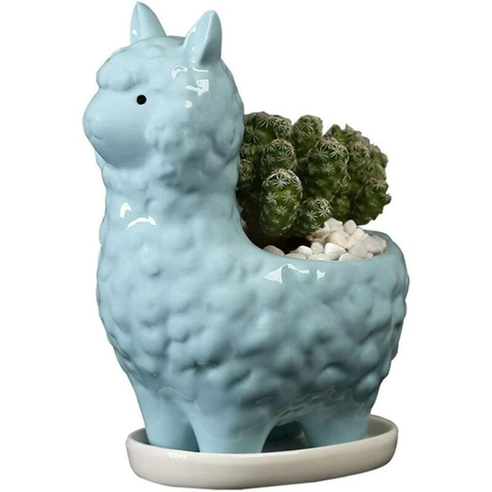 Alpaca Flower Pot Creative Succulent Planter Pots Cute Animal Flowerpot Plants Containers with Drainage and Tray (Sky-Blue)