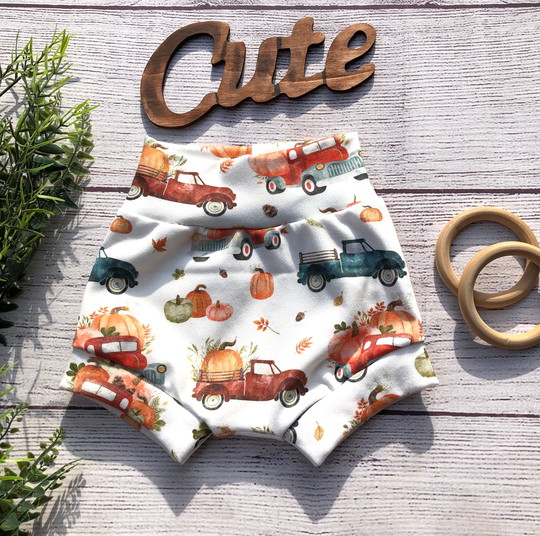 Organic Fall Pumpkin High Waisted Bummies, Shorties, Boho Baby Bloomers, Toddler Shorts, Diaper Cover, Halloween Bummies