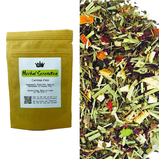 Herbal Serenitea Caffeine Free Loose Leaf Tea Rose Hibiscus Peppermint Orange Floral Fruity Calming Relaxing Soothing Evening Night Time