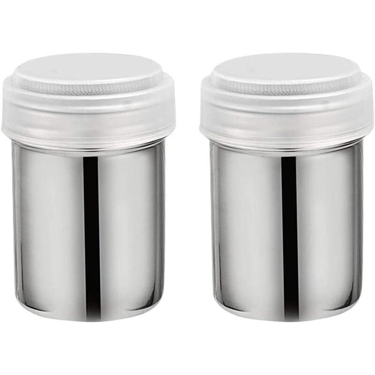 Set of 2 Stainless Steel Powder Shakers with Mesh Lid and Translucent Plastic Pastry Lid