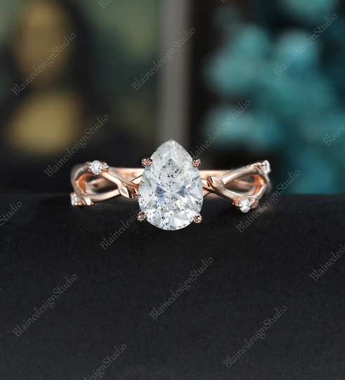 Pear Shaped Salt & Pepper Moissanite Engagement Ring Vintage Cluster Solid Rose Gold Unique Leaf Art Deco Diamond Anniversary Gift For Her