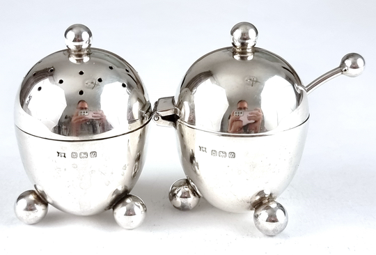Novelty Sterling Silver, Egg Shape Cruet, Salt & Pepper, Ball Feet, Art Deco, Charles Wilkes, Stylish Tableware, Screw Top, Table Feature