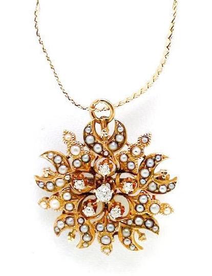 Lady's Victorian Design, Diamond, Seed Pearl, & Yellow Gold Necklace, Designed in The Shape Of A Star