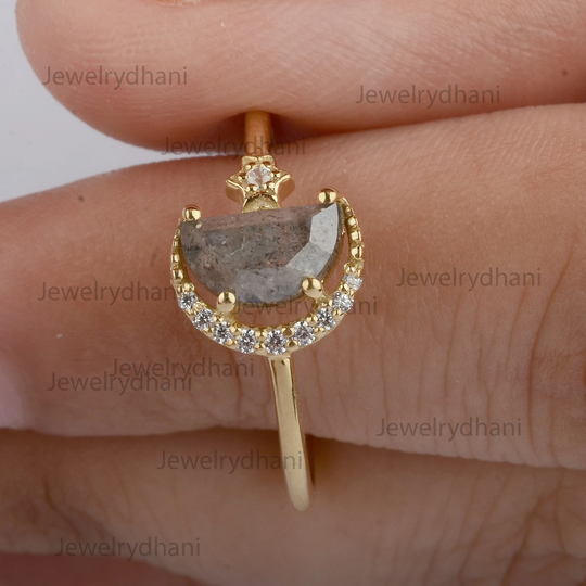 Salt & Pepper Diamond Star Crescent Moon Ring, Salt & Pepper Engagement Ring, Ring Mother's Day Gift