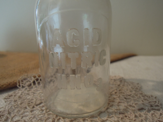 Vintage Apothecary Bottle Ground Stopper/Antique Glass Laboratory Bottles Raised Letters Acid Nitric Hno3