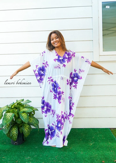 Purple Hibiscus Floral Boho Kaftan Dress, Loose Fit Beachwear, Loungewear, Summer Clothing, Swimsuit Cover Up, Hawaiian Caftan
