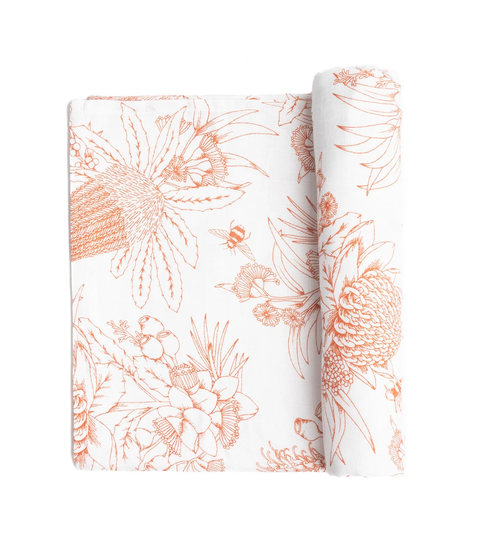 Organic Swaddle Blanket Wrap - Rust Gender Neutral Australian Native Plants Flora Crib Cot Nursing Cover Light Playmat