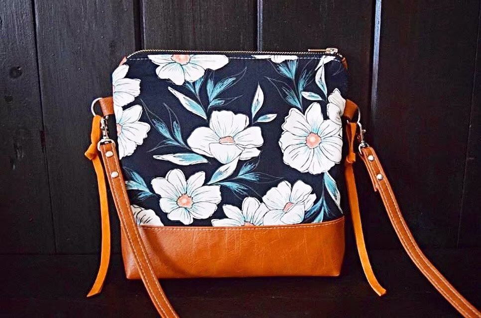 Magnolia Vegan Leather Crossbody Bag, Large Black Floral Vegan Leather Purse, Crossboy Tropical Bag