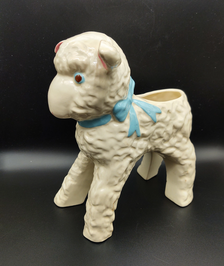 Vintage Hull Pottery Large Ceramic Standing Sheep Planter With Blue Bow