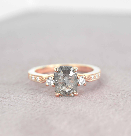 8 X 6mm Emerald Cut Salt & Pepper Diamond Engagement Ring | Dainty Round Wedding Bridal Promise Vintage