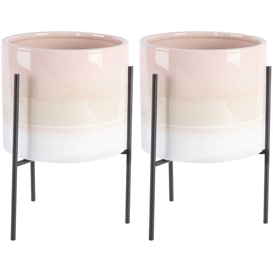 Reactive Glaze Plant Pots on Stands - 19cm - Natural/Black - Pack of 2 - Nicola Spring