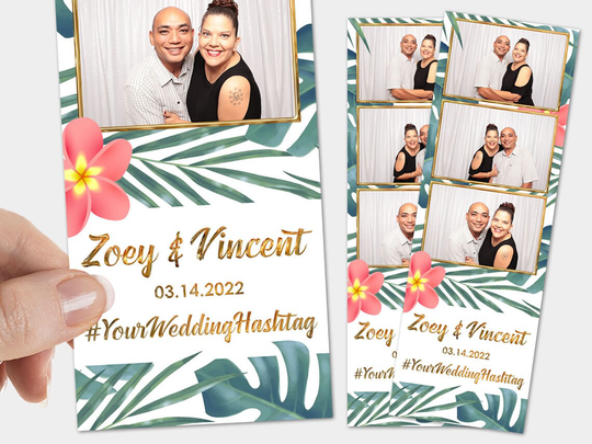 Personalized Wedding Photo Booth Template 2x6 Strip Palms Hibiscus Hawaiian Garden Monstera Gold Modern Greenery Tropical Bridal Shower Luau