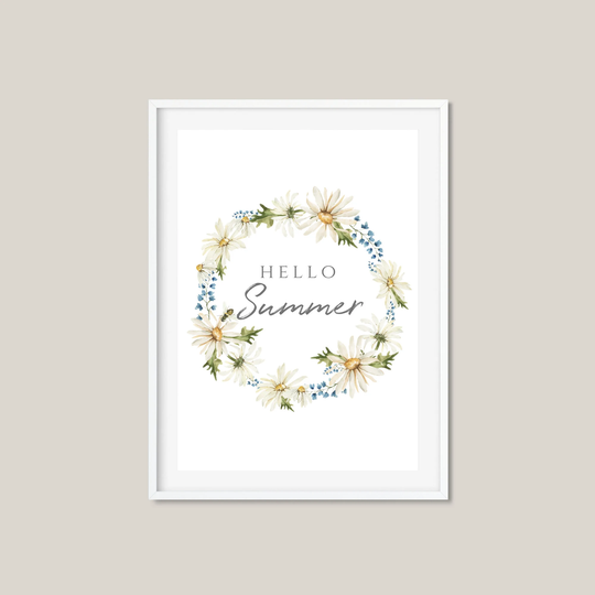 Summer Print | Hello Wall Art Watercolour Quote Positive Wreath Seasonal Decor