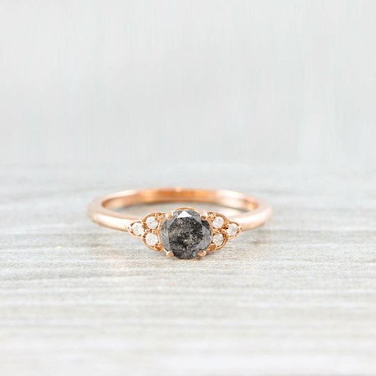 Salt & Pepper Diamond Rose/White/Yellow Gold Engagement Ring Art Deco 1920's Inspired Thin Petite Band 14K Unique For Her