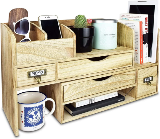 Extendable Wooden Desktop Organizer For Office Supplies | Desk Storage Accessories Stationary