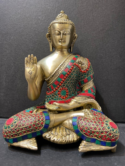 Brass Buddha Statue, 27 cm Lord Idol, Outdoor Indoor Buddhist Deity, Stonework Temple Altar Yoga Studio Meditation Room Decor
