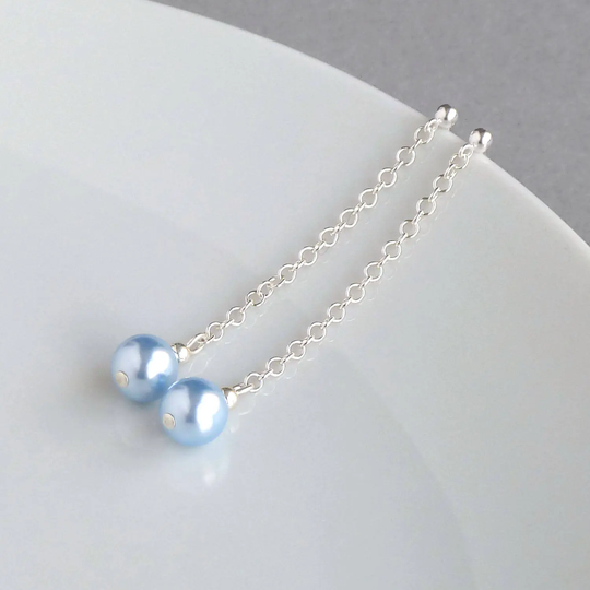 Light Blue Pearl Drop Earrings - Long Powder Dangle Pale Baby Bridesmaid Gifts Pastel Wedding/Bridal Jewelry