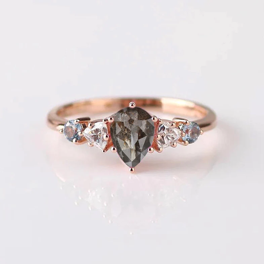 Pear Cut Salt & Pepper Aquamarine Cluster Ring | Dainty Diamond Vintage Wedding 5x7mm Grey