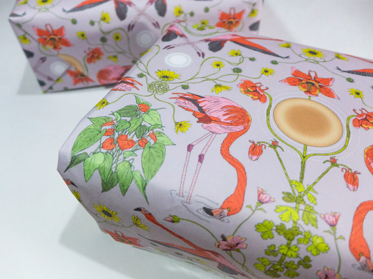 Dance Of The Flamingos | Eco Wrapping Paper With Sun & Moon + Botanical Tropical Plants. Birds Pattern, Thick Eco Flamingo Gift Wrap