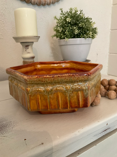 Vintage Mid Century Modern Brown Drip Haeger Hexagon Planter