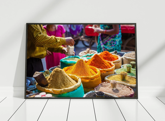 India Poster, Colorful Spices Powders Herbs Street Market in Delhi Canvas Framed, Wall Decor, 008 Art