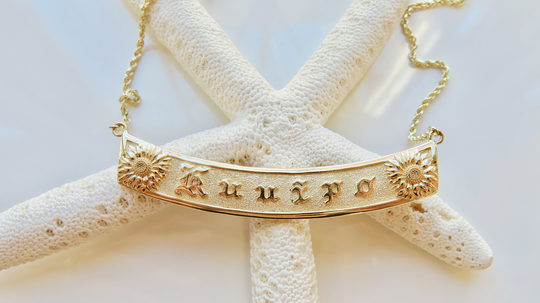 14Kt Personalized Sunflower Horizontal Name Necklace | 10mm Hawaiian Heirloom Made in Hawai'i Rope Chain