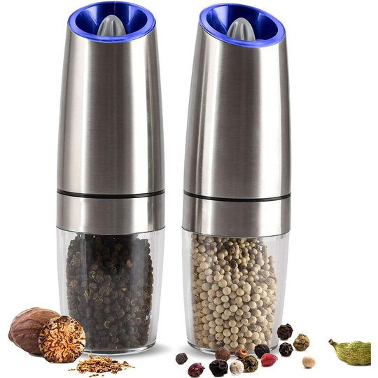 Salt and Pepper Mill Set - Electric Gravity Pepper Mill with led Light - Adjustable from Coarse to Fine
