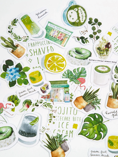 Plants & Drinks Stickers - 23 Beverage Stickers, Mixed Patterns, Frappuccino, Matcha, Wreathes, Leaves, Cactus, Lemons, Paper