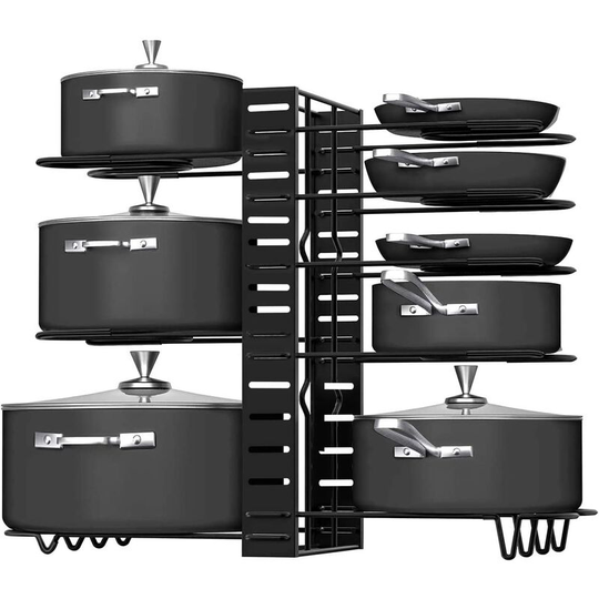 Briday - Pot Rack Organizers, 8 Tiers Pots and Pans Organizer, Adjustable Pot Lid Holders & Pan Rack for Kitchen Counter and Cabinet, Lid Organizer