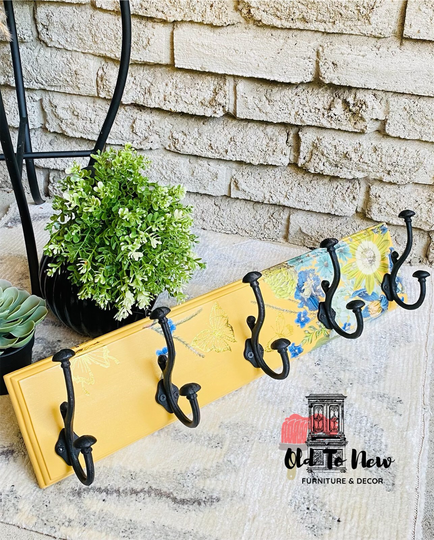 Decorative 5 Hook Wall Mounted Coat Rack, Painted Yellow With Blue Flower Decor Transfer. Modern Home Entryway Organizer. #cyberweek