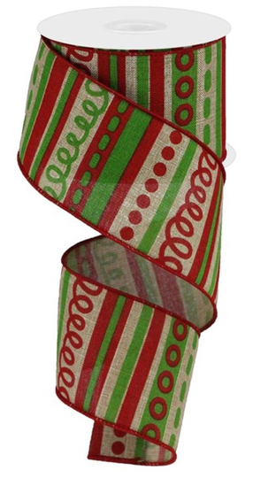Loopy Stripes Christmas Holiday Seasonal Print Wired Edge Ribbon, 2.5