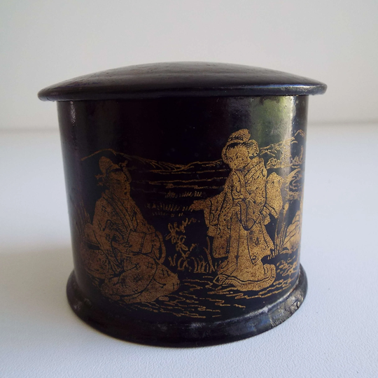 Victorian French Papier Mache Powder Box With Puff Japanese Decoration Antique Round Lidded