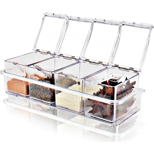 Readcly - Transparent Seasoning Box with Lid and Spoon, Set of 4 Seasoning for Sugar, Salt, Pepper and Other Spices, Suitable for Outdoor Grilling