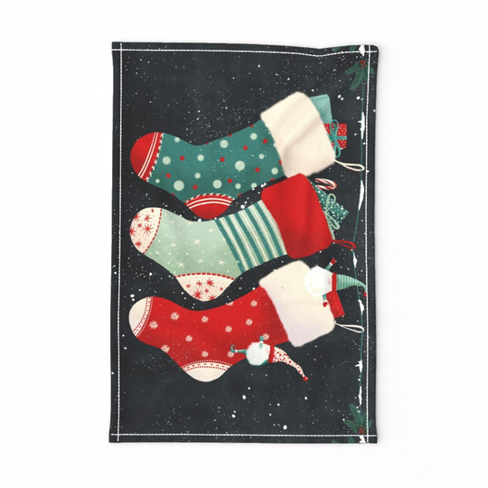 Holiday Stockings Tea Towel - Christmas Stocking By Monicamota Green Red Winter Snow Seasonal Linen Cotton Canvas Spoonflower