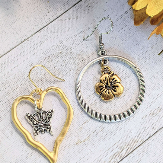 Mismatched Butterfly/Flower Two-Tone Hook Earrings