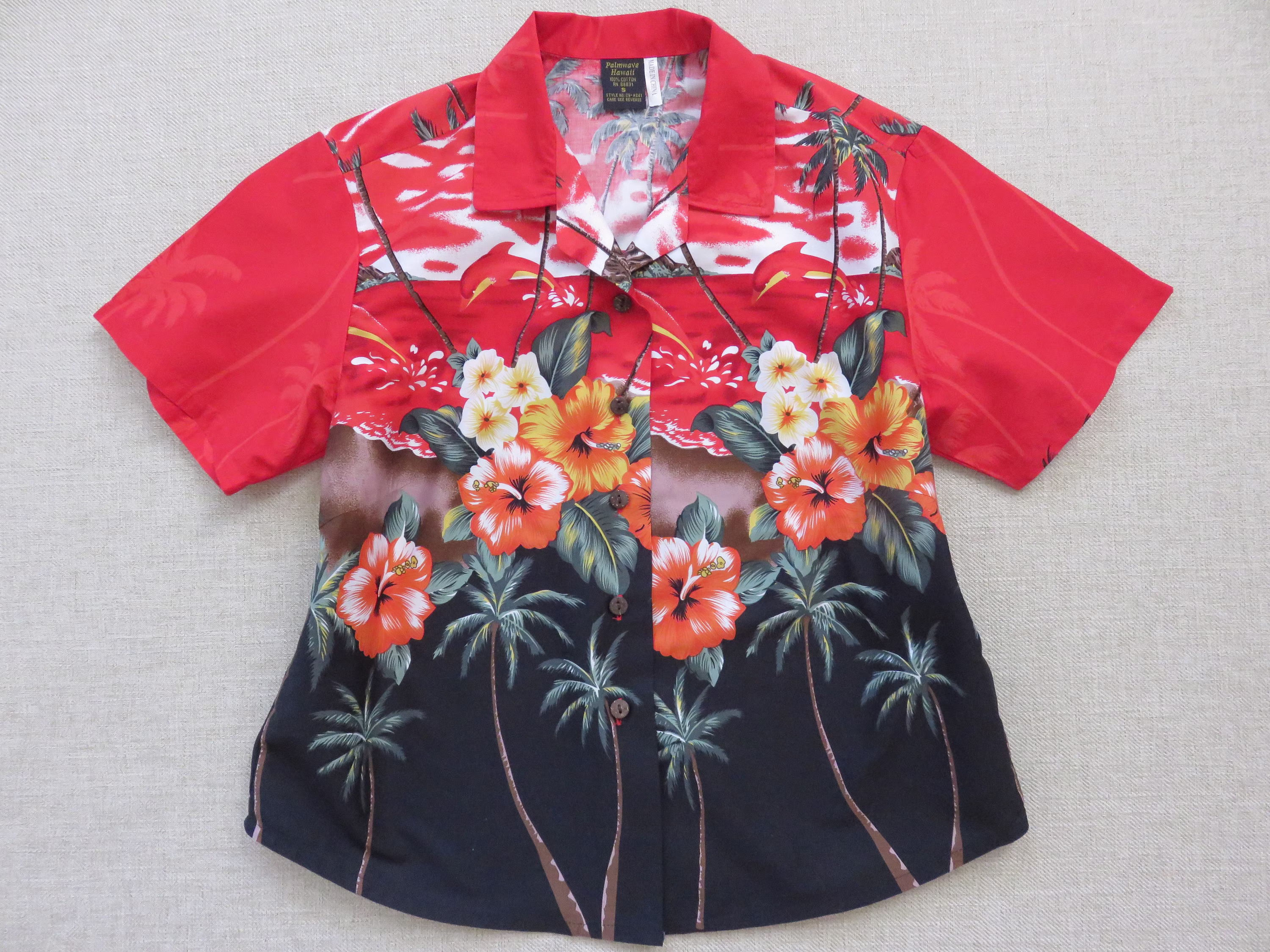 Women's Hawaiian Shirt, Palmwave Hawaii Aloha Shirt Tropical Island Porpoise, Hibiscus Flower, Ladies 100% Cotton Blouse, Woman Size Small