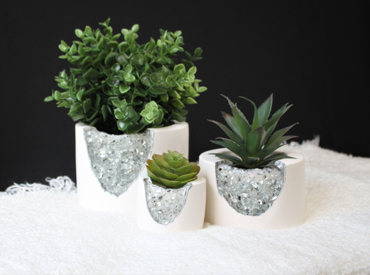 Crushed Mirror Planters With Silver Trim, Crystal Plant Pot, Planter, Pretty Indoor Plants, Pot Gift