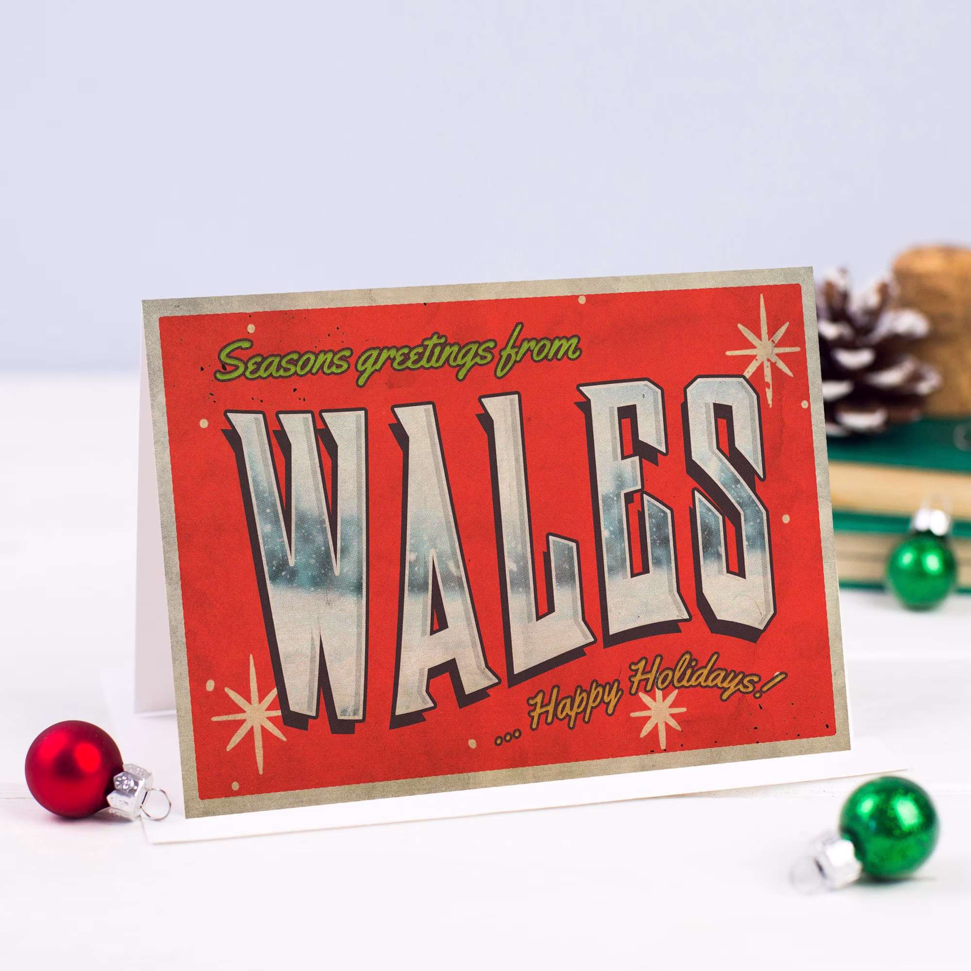 Seasons Greetings From Wales Christmas Card, Retro Holiday Card Pack, Vintage Xmas Set