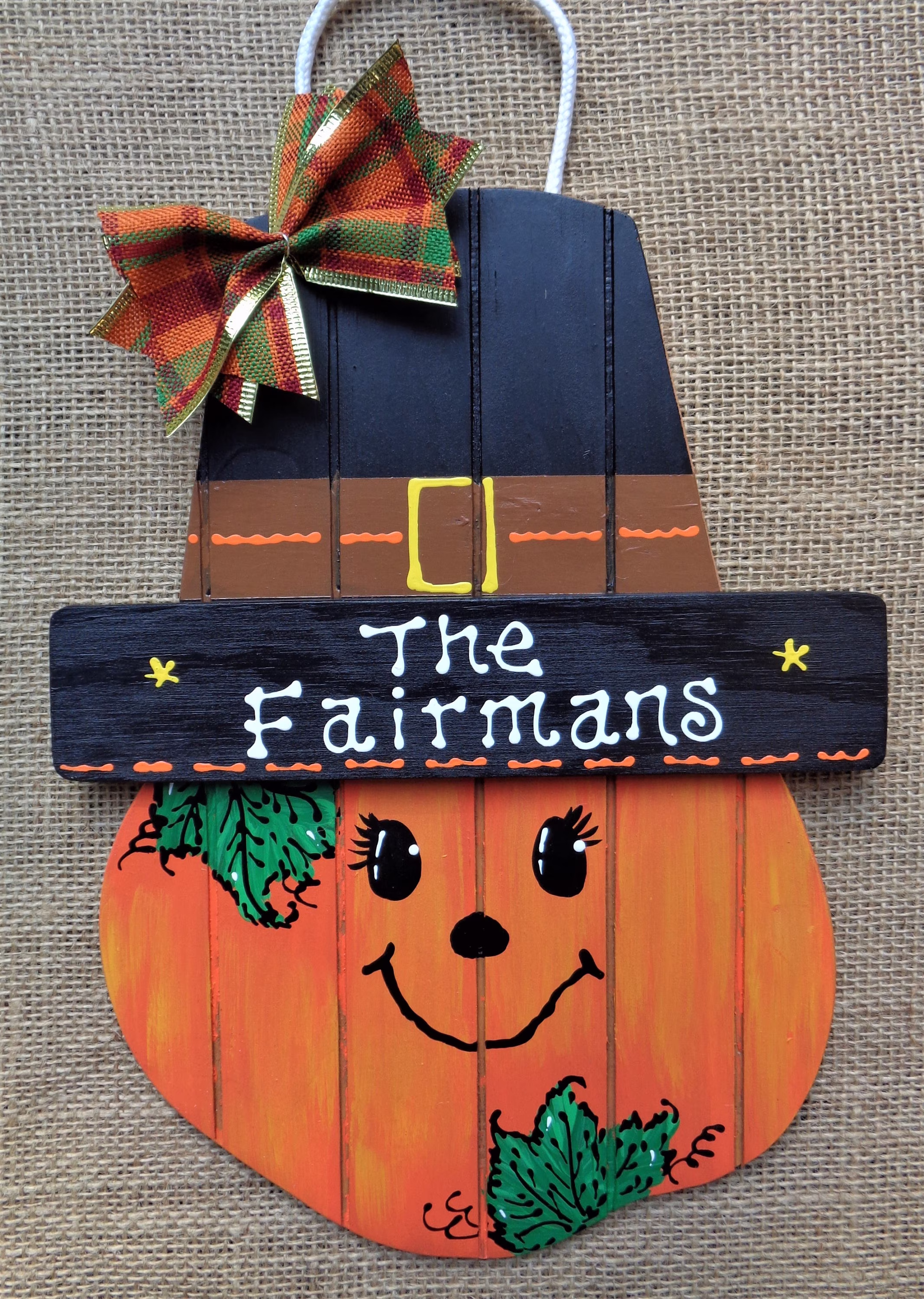 Personalize Pumpkin Thanksgiving Pilgrim Hat Sign Wall Door Plaque Holiday Seasonal Hanger Wreath Embellishment Handcrafted Hand Painted