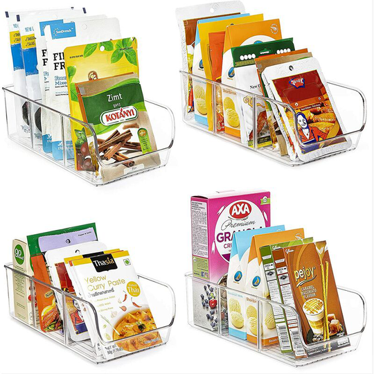 Food Packet Organizer Bins for Pantry Organization and Storage, 4 Pack Clear Plastic Holder for Organizing Seasoning Packets, Spice Packets, Pouches,