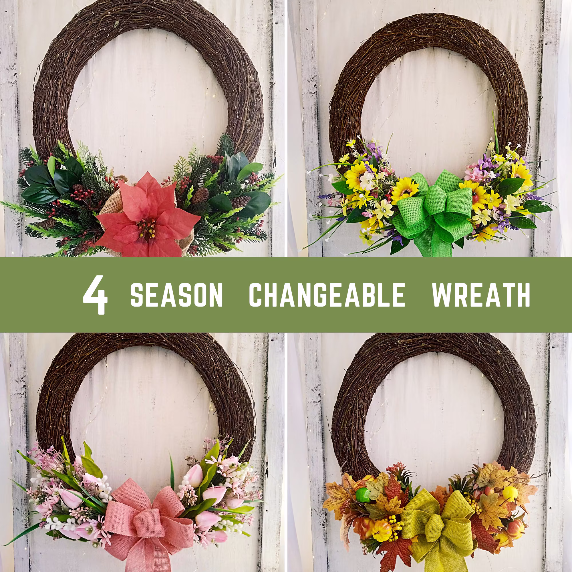 Interchangeable Front Door All Season Everyday Farmhouse Yearly Changeable Spring Summer Fall Winter Housewarming Wreath For Decor
