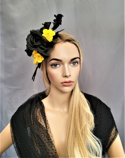 Black & Yellow Rose Vine Fascinator, Percher Hat, Silk Flowers, Races , Wedding Headpiece